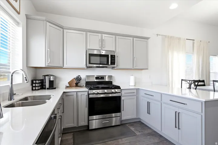 Modern kitchen featuring light gray cabinetry, stainless steel appliances, a double basin sink, and white countertops