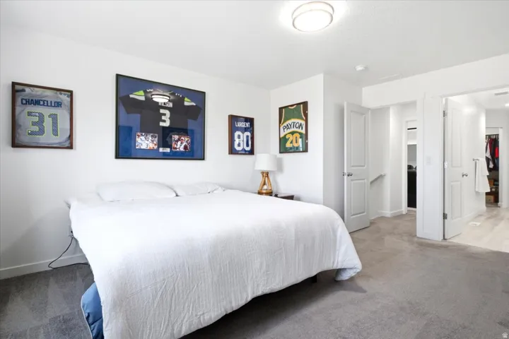 Plush gray carpeting, white walls, and a contemporary flush-mount ceiling light