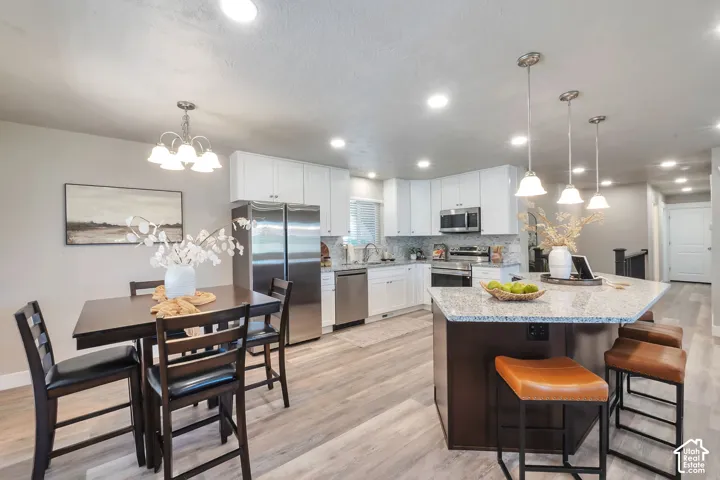 Kitchen featuring stainless steel appliances, white cabinetry, a granite countertop island with pendant lighting, recessed lighting, and wood-finish flooring