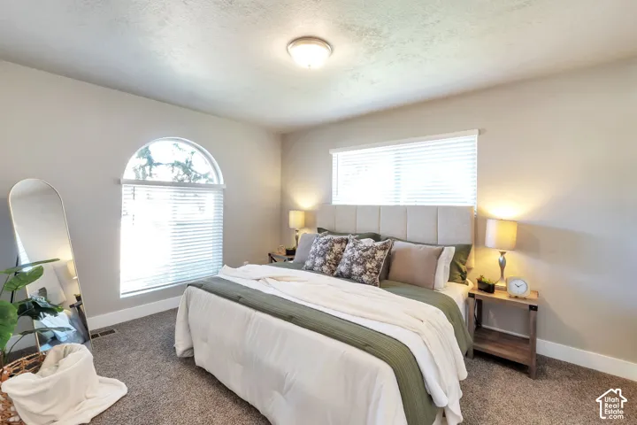 Arched window with blinds, carpeted flooring, and a flush-mount ceiling light