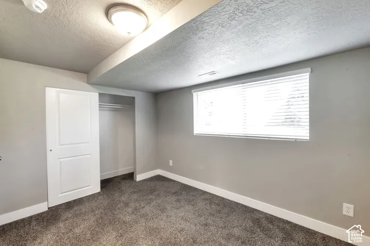 Recessed ceiling, neutral wall paint, carpet flooring, built-in closet, and window with blinds