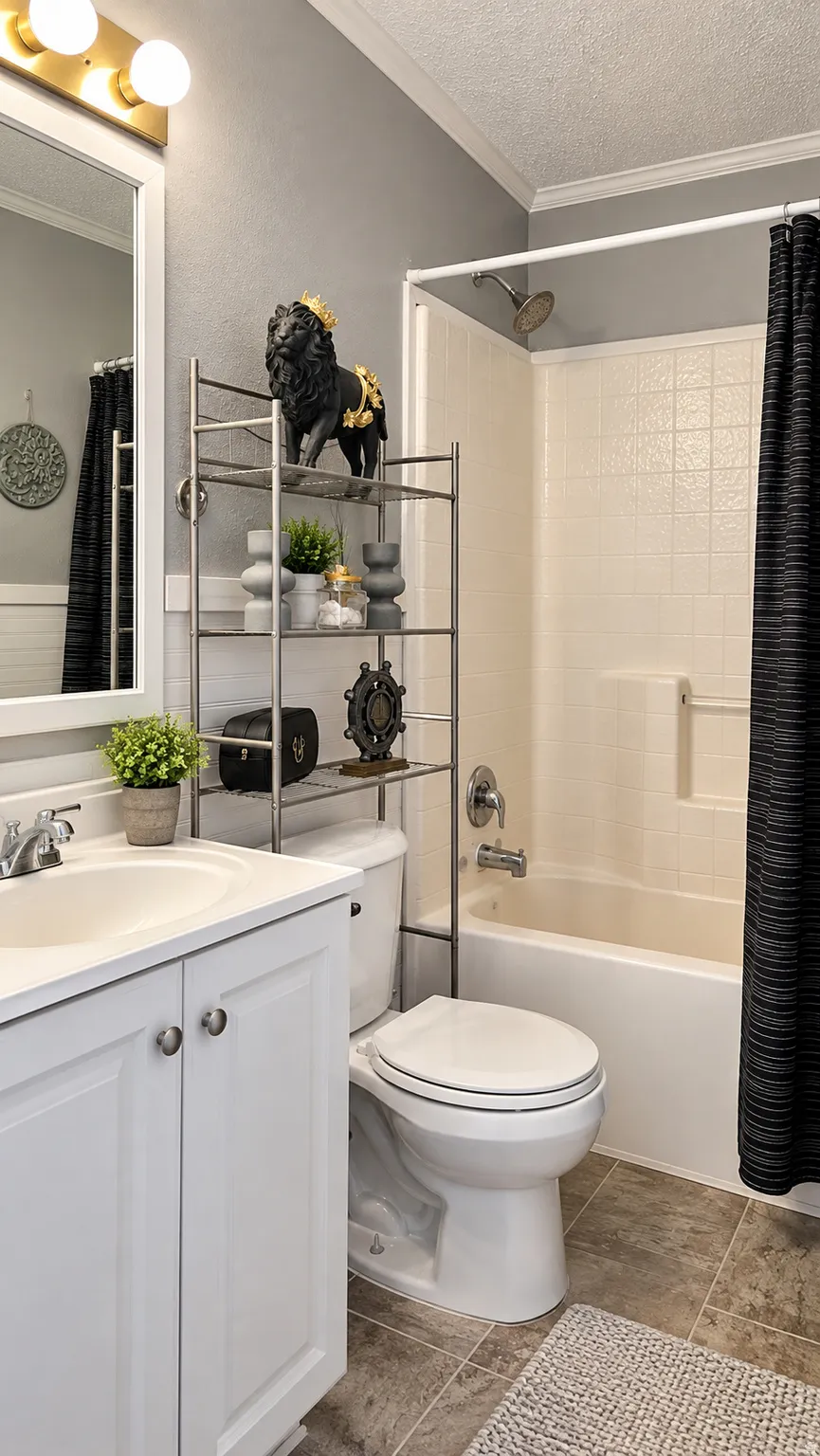 White vanity with brushed nickel hardware, a white sink, and a chrome faucet