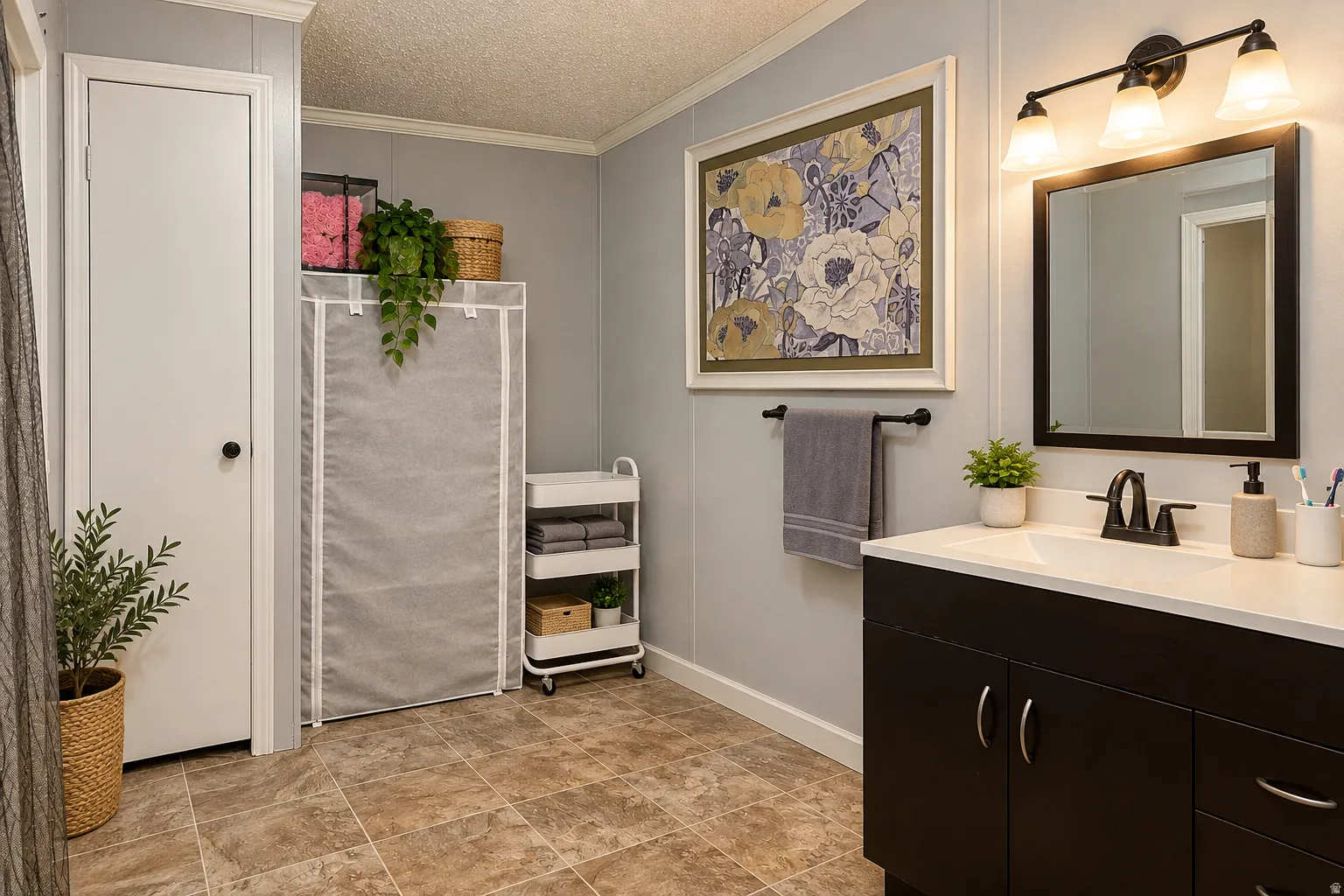 Dark wood-finish vanity with a white countertop and integrated sink