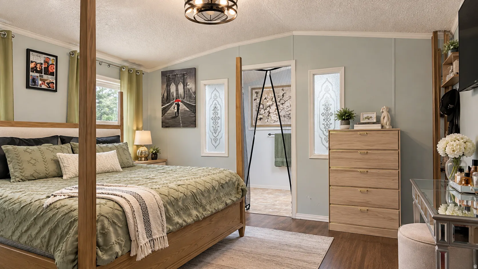Wood-finish flooring with light-toned walls