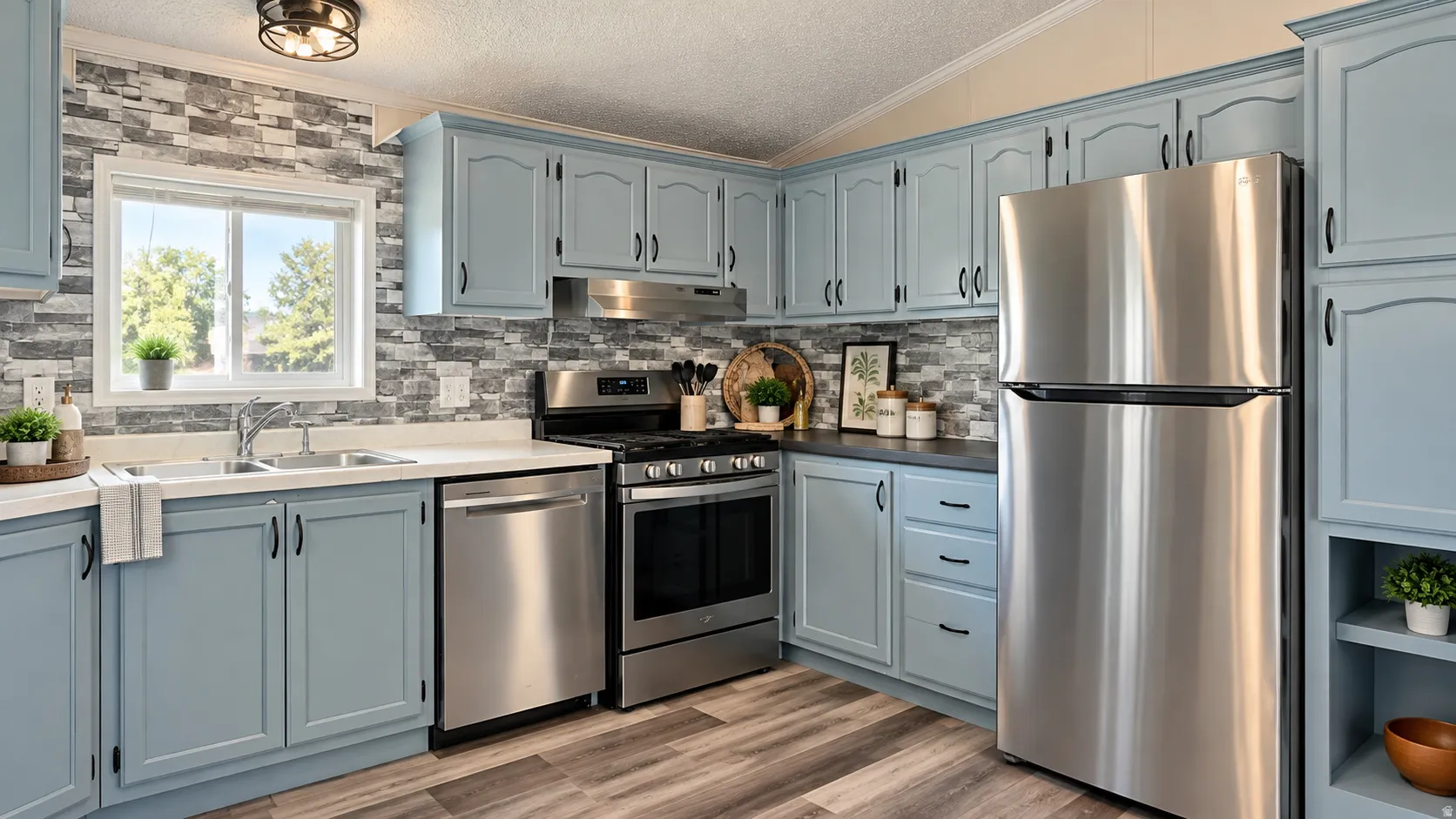 Light blue cabinetry, stainless steel appliances, stone-look backsplash, wood-finish flooring, and a double basin sink