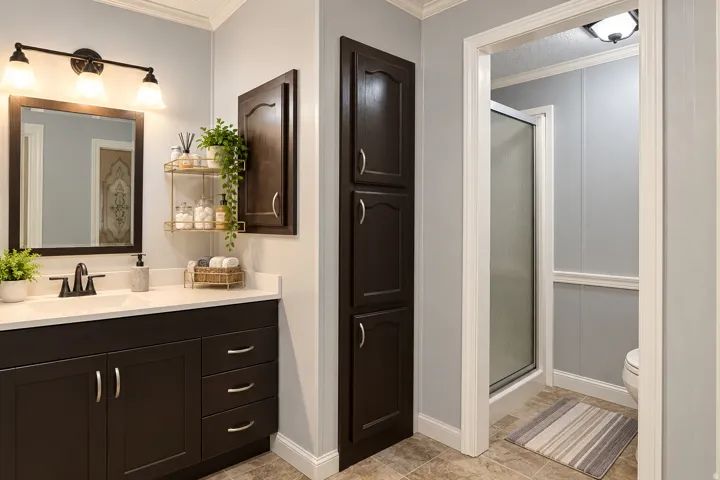 Bathroom featuring a vanity with dark wood-finish cabinetry, a white countertop, and a rectangular undermount sink