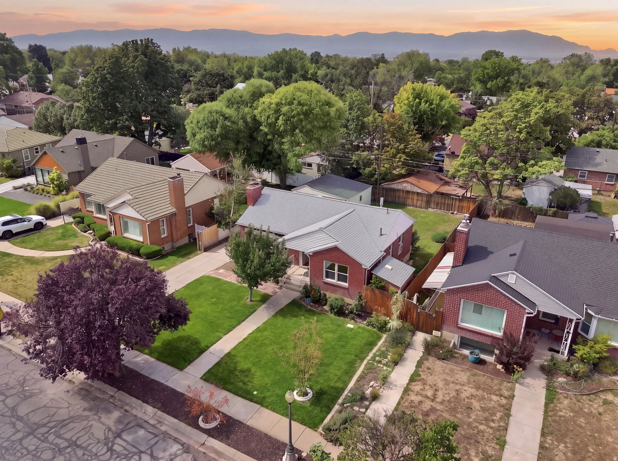Brick exterior residence with a gray shingled roof, manicured front lawn, mature purple foliage, and concrete pathways