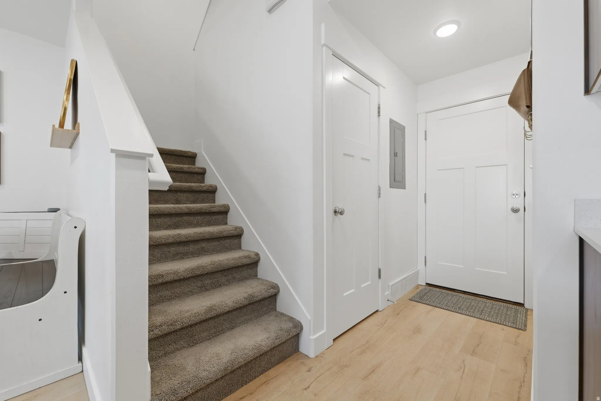 Carpeted staircase with white balusters, wood-finish flooring, and white paneled doors