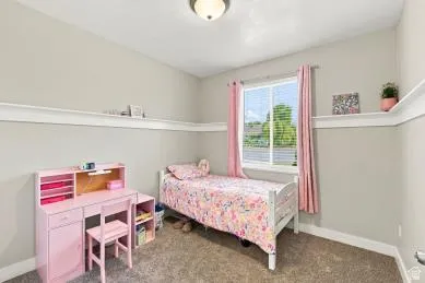 Neutral wall paint, ceiling-mounted light fixture, crown molding, double window, and carpet flooring
