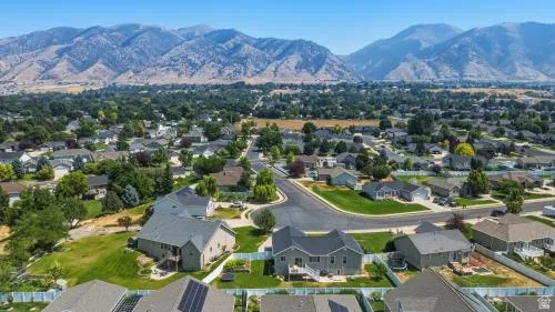 Residential neighborhood with mature trees, established properties, and a mountainous backdrop