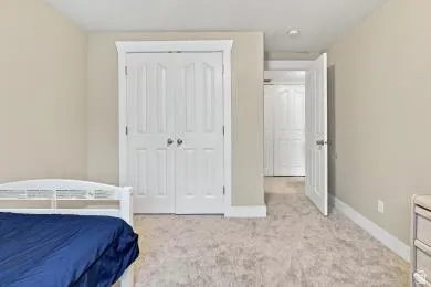 Soft neutral carpeting, white interior doors with paneled detailing, and neutral wall paint