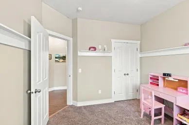 Carpeted flooring, neutral wall color, white trim, and a double-door closet