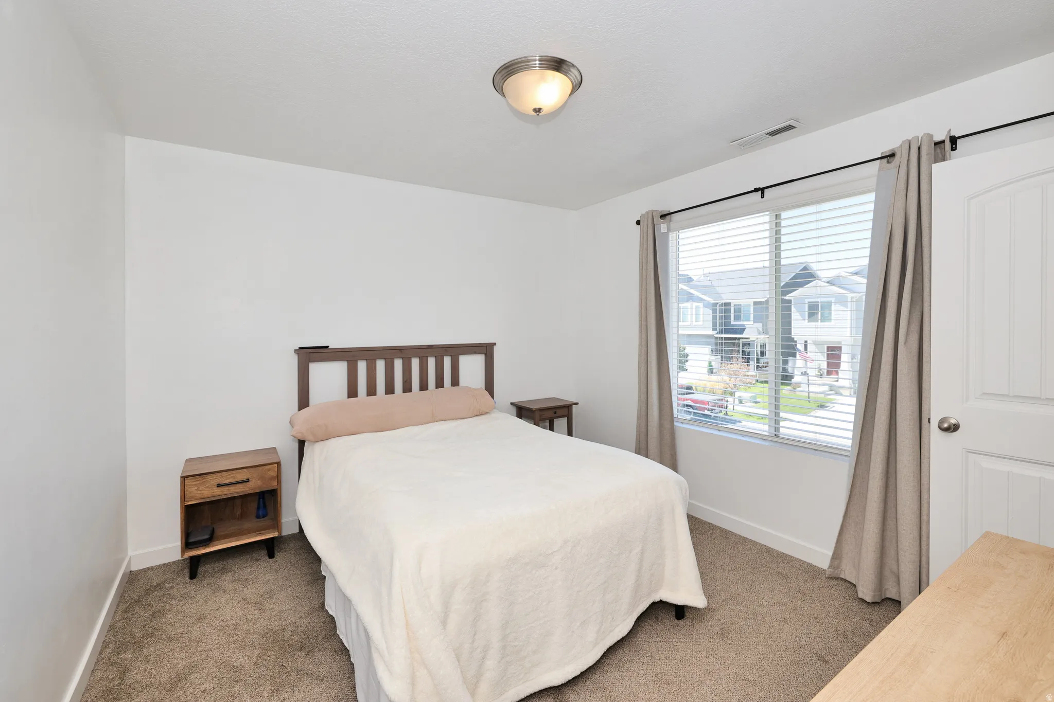 Neutral wall paint, carpeted flooring, window with blinds, flush mount ceiling light, and a paneled interior door