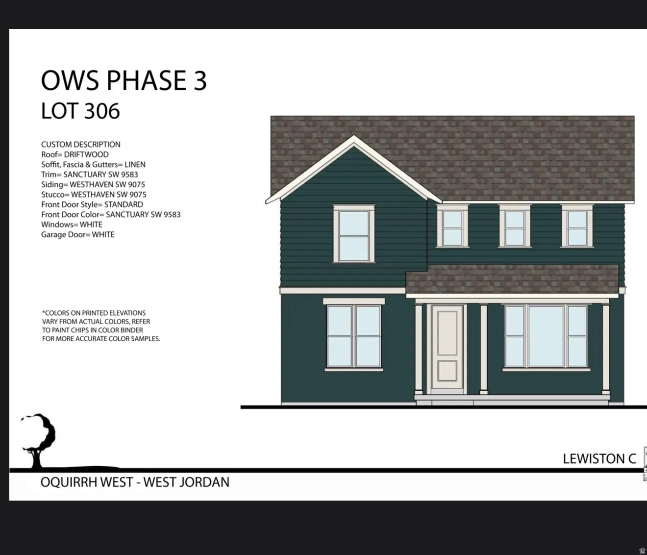 Architectural Elevation Plan. Displaying the front elevation of the property with custom material and color specifications