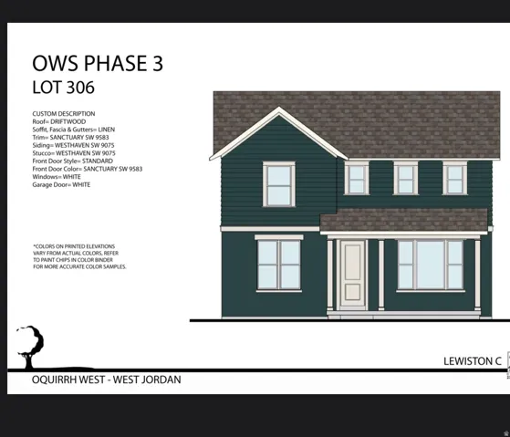 Architectural Elevation Plan. Displaying the front elevation of the property with custom material and color specifications