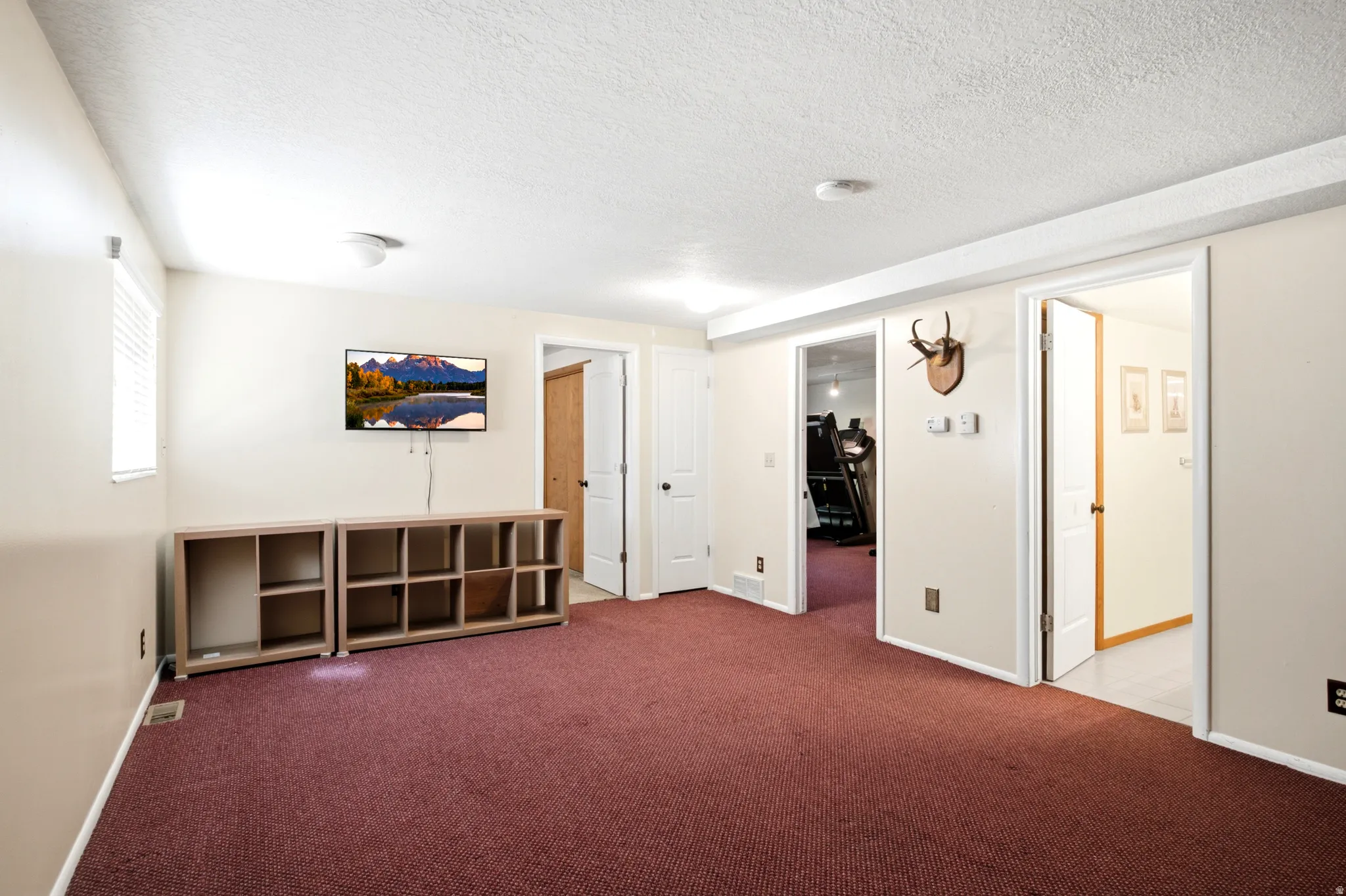 Carpeted room with multiple doorways and a window