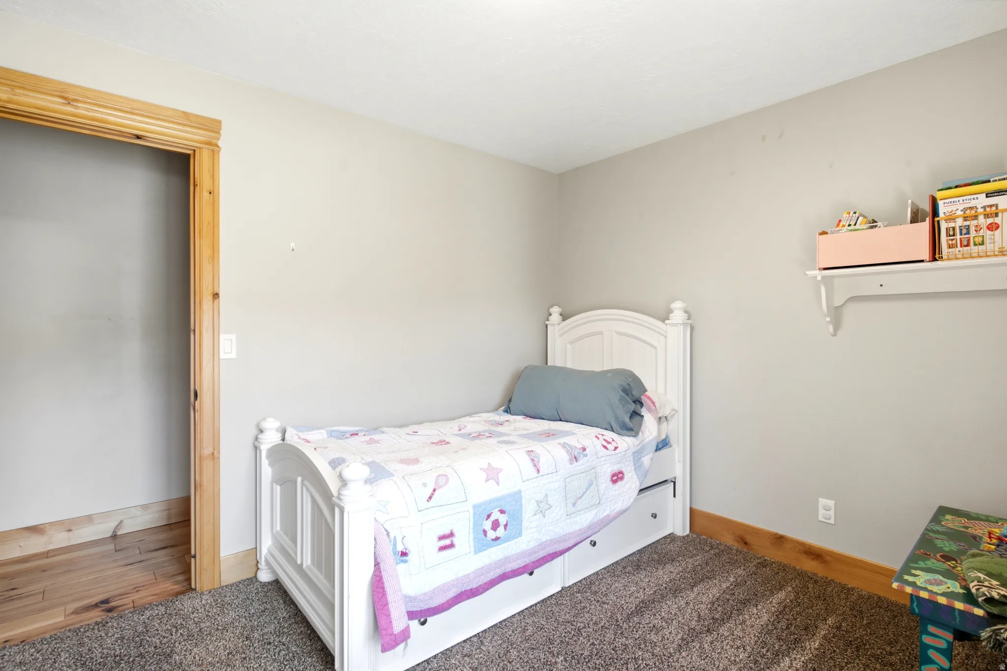 Plush carpet flooring, light neutral wall paint, and natural wood trim