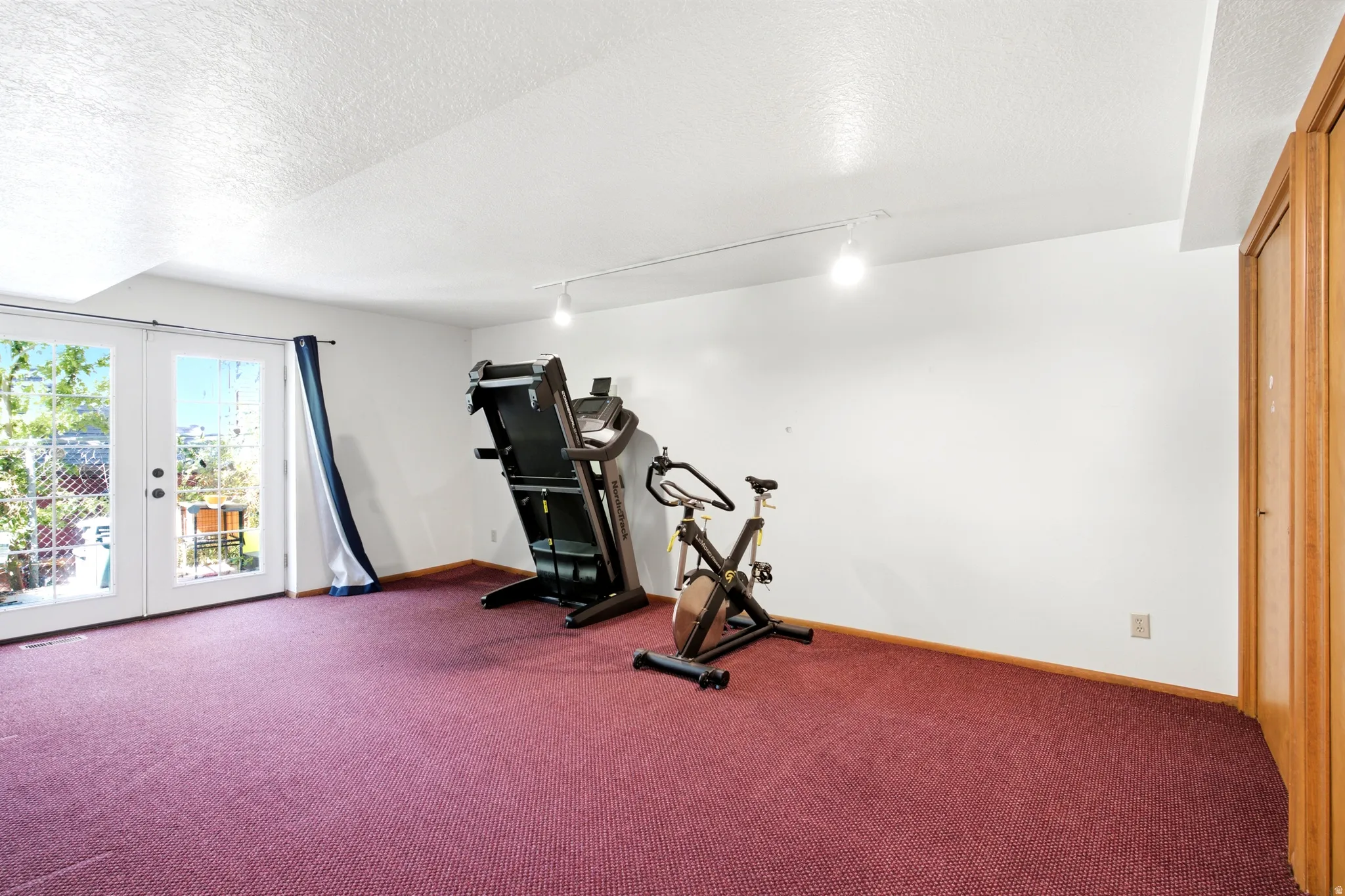 Room featuring red carpeting, white walls, and track lighting
