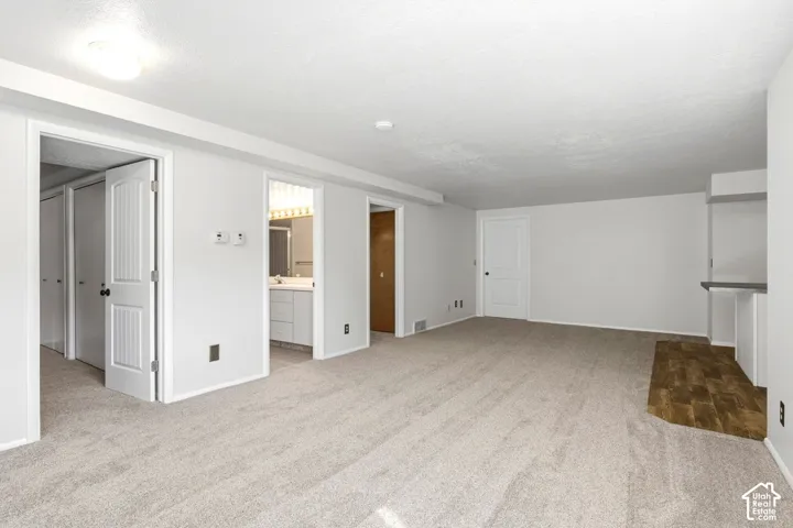 Plush carpeting throughout, white painted walls, recessed lighting, built-in shelving, and wood-finish flooring