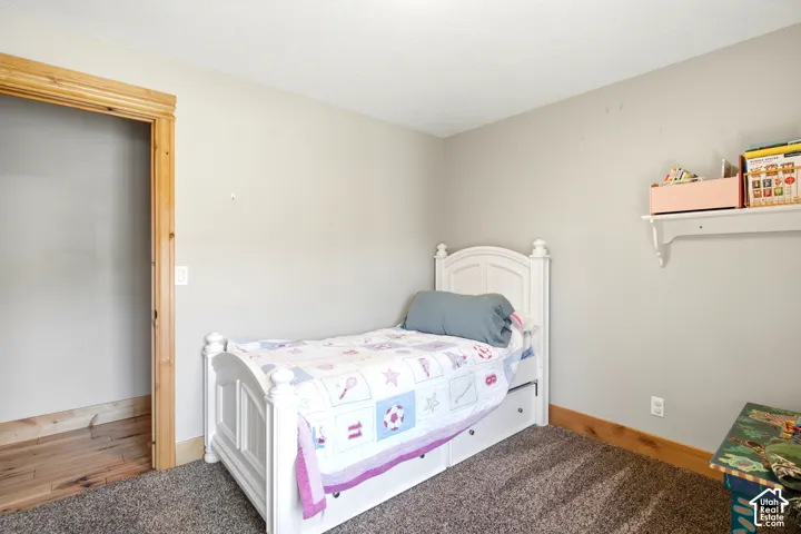 Plush carpet flooring, light neutral wall paint, and natural wood trim