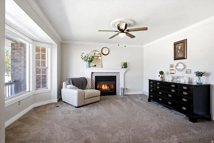 Living room with a gas fireplace, ceiling fan and crown moulding