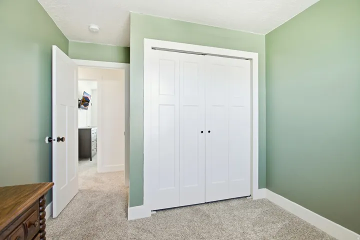Soft green wall finish, white trim, light-toned carpet, and bifold closet doors