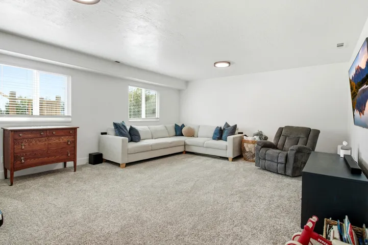 Light-colored wall-to-wall carpeting, white walls, two windows with blinds, and flush-mount ceiling lighting