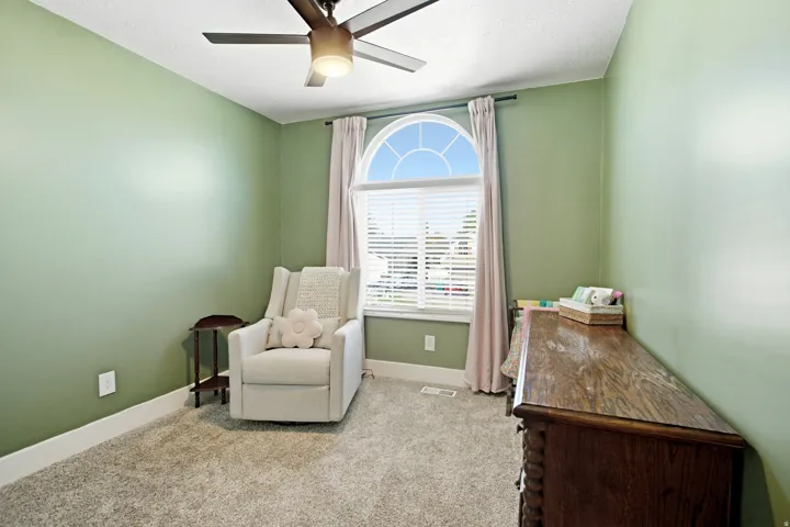 Arch-top window with blinds, ceiling fan with integrated lighting, carpeted flooring
