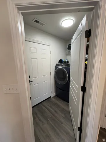 Compact utility area with wood-finish flooring, white paneled doors, and a ceiling-mounted light fixture