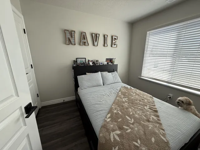 Window with horizontal blinds, dark wood-finish flooring, and white interior doors with black hardware