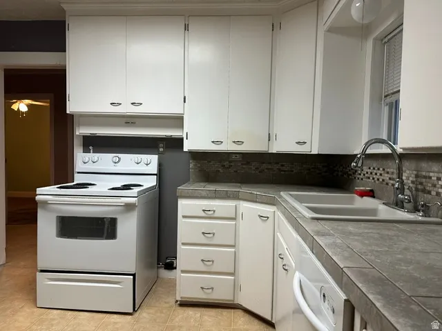 White cabinetry, tile countertops, mosaic tile backsplash, built-in dishwasher, and a double basin sink