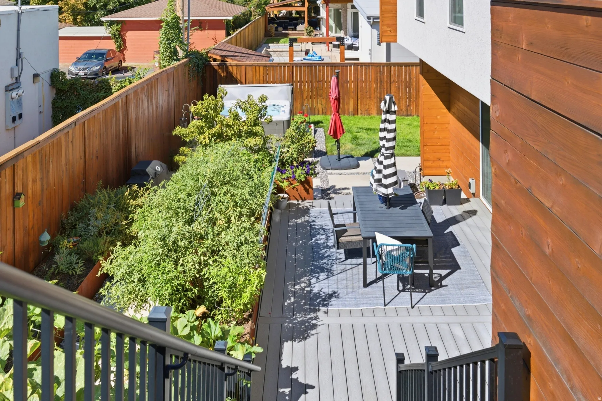 Birdseye view of deck and garden