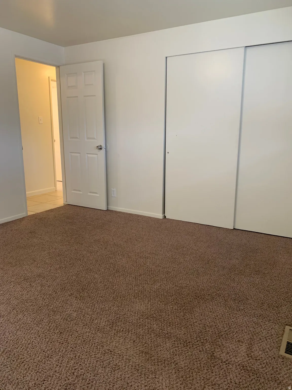 Plush brown carpeting and a single panel door with a satin nickel knob