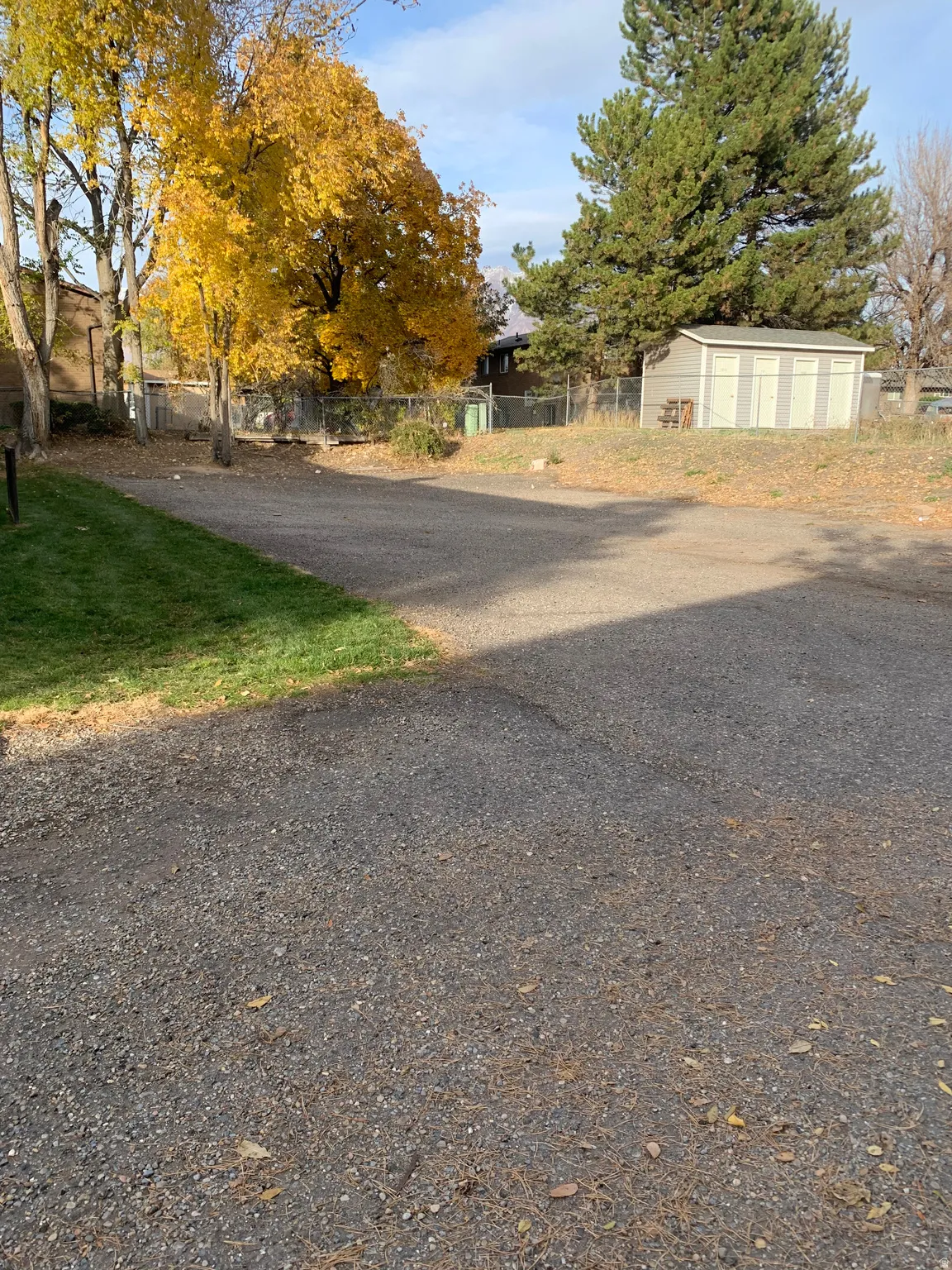 Gravel driveway with a green lawn border and a storage shed