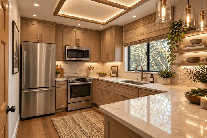 Kitchen featuring stainless steel appliances, wood-finish cabinetry, light-toned countertops, a tile backsplash, and recessed lighting