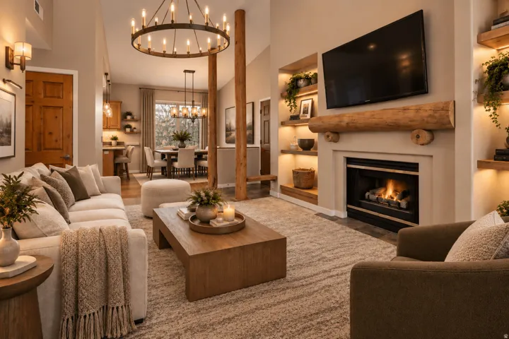 Vaulted ceiling, open-concept design, fireplace with a substantial timber mantel, built-in shelving with integrated lighting, and a prominent chandelier