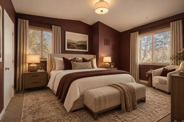 Recessed lighting, ceiling-mounted fixture, multiple windows with blinds, and carpeted flooring