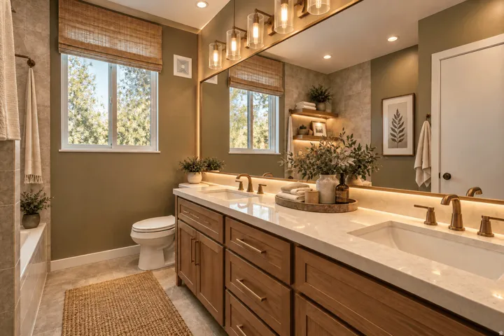Dual vanity with light-toned countertops and wood-finish cabinetry