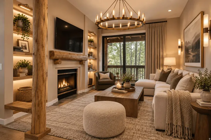 Custom built-in fireplace with log mantel, recessed shelving with integrated lighting, expansive window with exterior access, large chandelier, and wall-mounted sconces