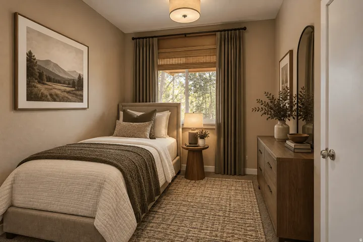 Single window with wood-finish blinds and drapes