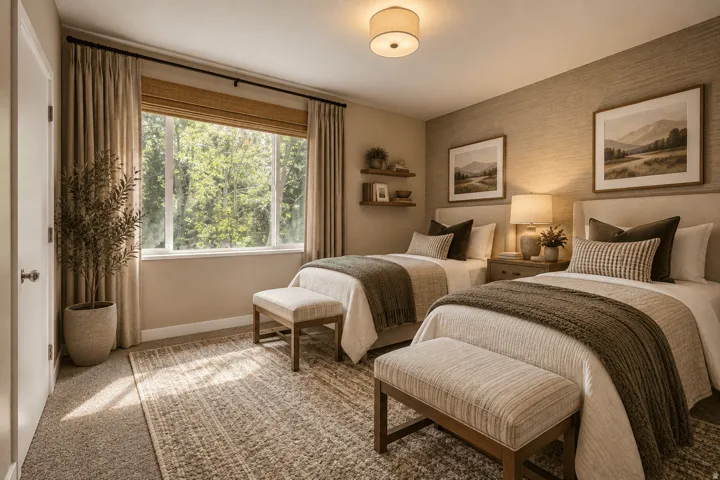 Expansive window with wood-finish blinds, neutral wall coverings, ceiling-mounted light fixture, and built-in wall shelving