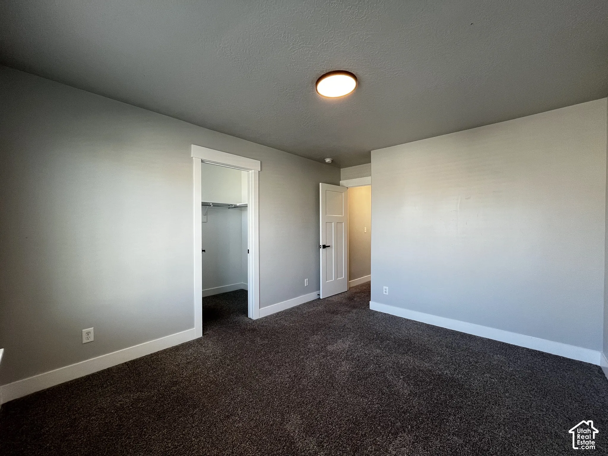 Carpeted flooring, light gray wall finish, white trim, recessed closet, and contemporary flush-mount lighting