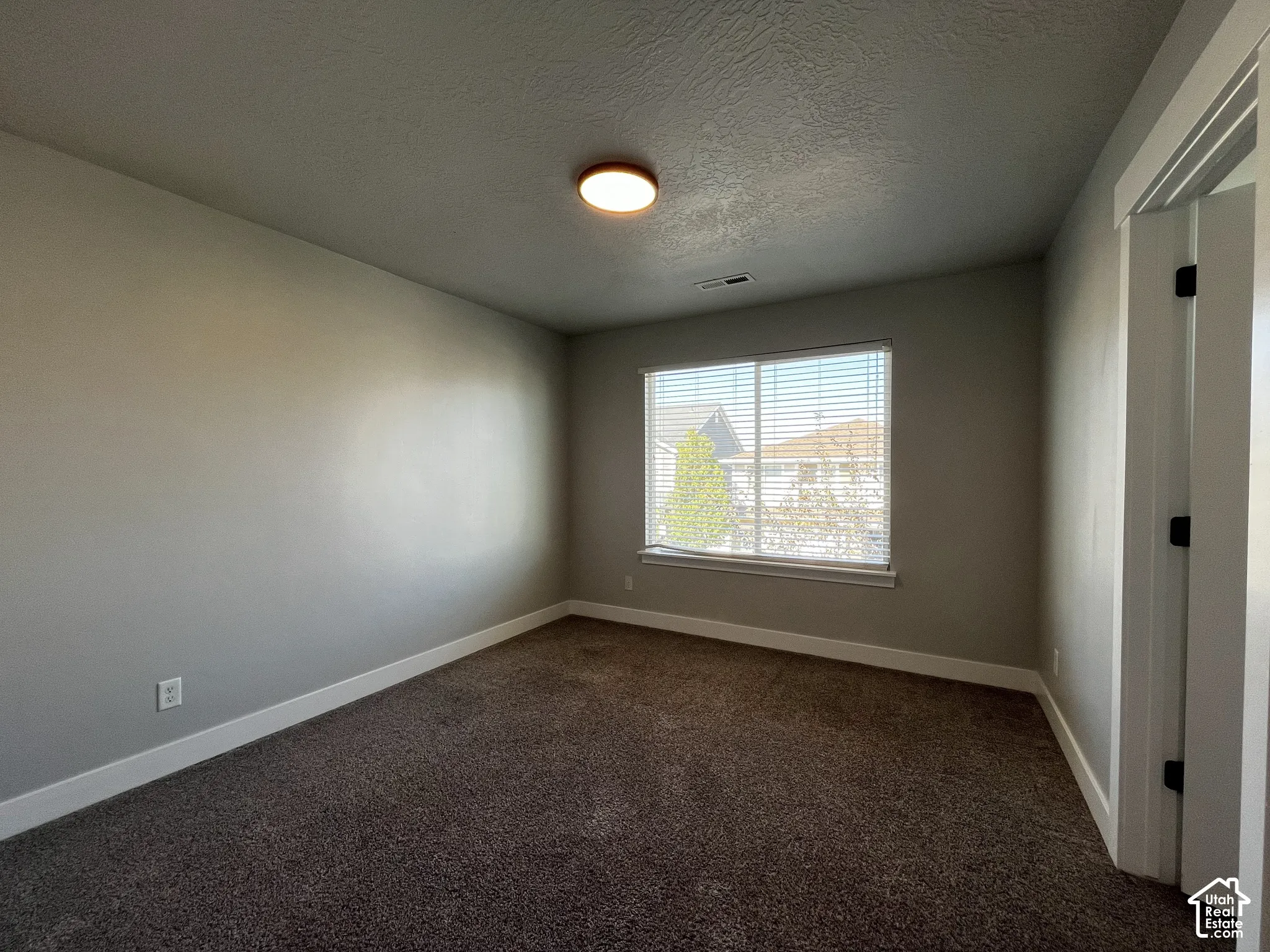 Carpeted room featuring a window with horizontal blinds, a flush-mount ceiling light, and painted walls