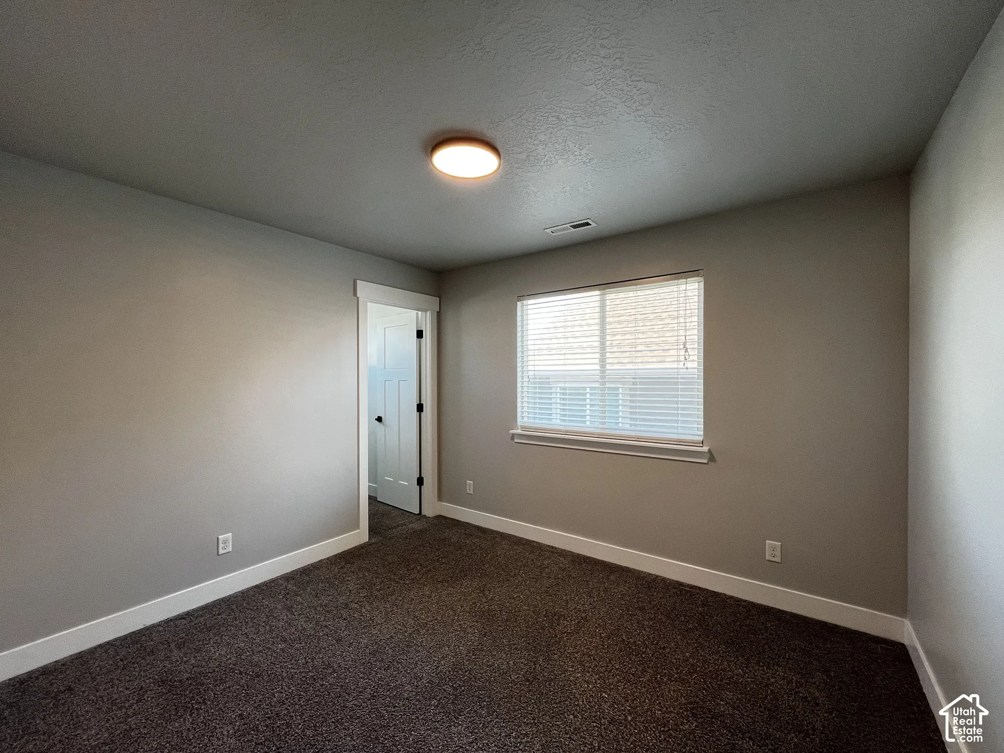 Recessed window with white blinds, neutral wall paint, white trim, dark textured carpeting, and a flush-mount ceiling light fixture