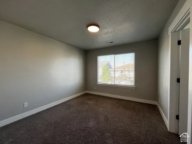 Carpeted room featuring a window with horizontal blinds, a flush-mount ceiling light, and painted walls