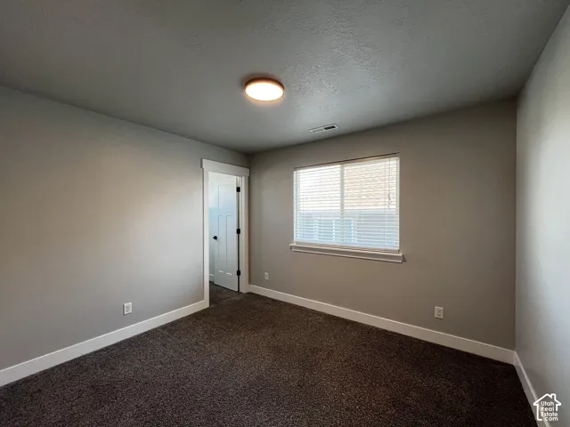 Recessed window with white blinds, neutral wall paint, white trim, dark textured carpeting, and a flush-mount ceiling light fixture