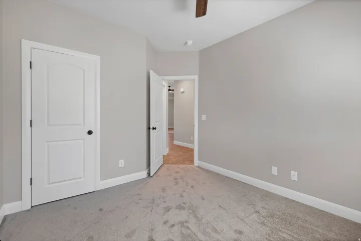 Soft gray carpeting with light gray walls, white trim, and white two-panel doors