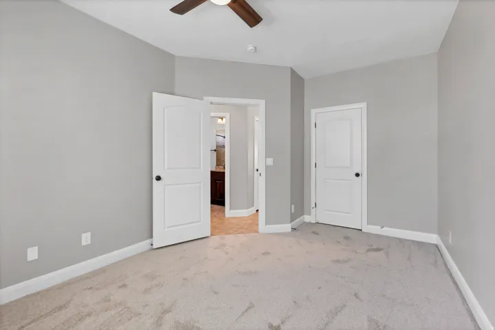 Neutral gray walls with white trim, a ceiling fan, and light-colored carpeting