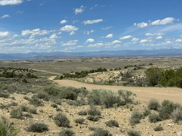Expansive natural landscape featuring a winding dirt road and distant mountain ranges