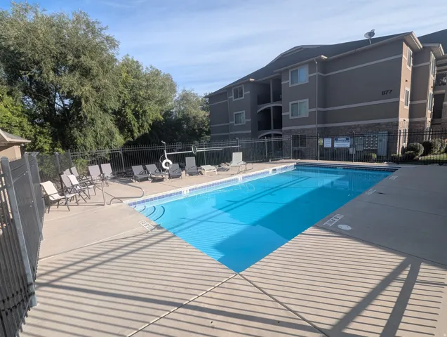 Outdoor swimming pool with integrated steps, surrounded by a concrete deck and a black metal fence
